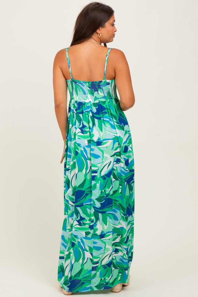 Green Printed Shoulder Tie Maternity Maxi Dress