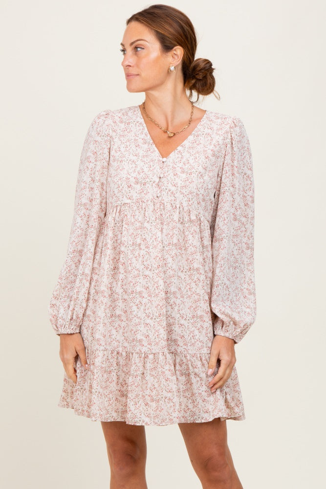 Beige Floral Long Sleeve Dress