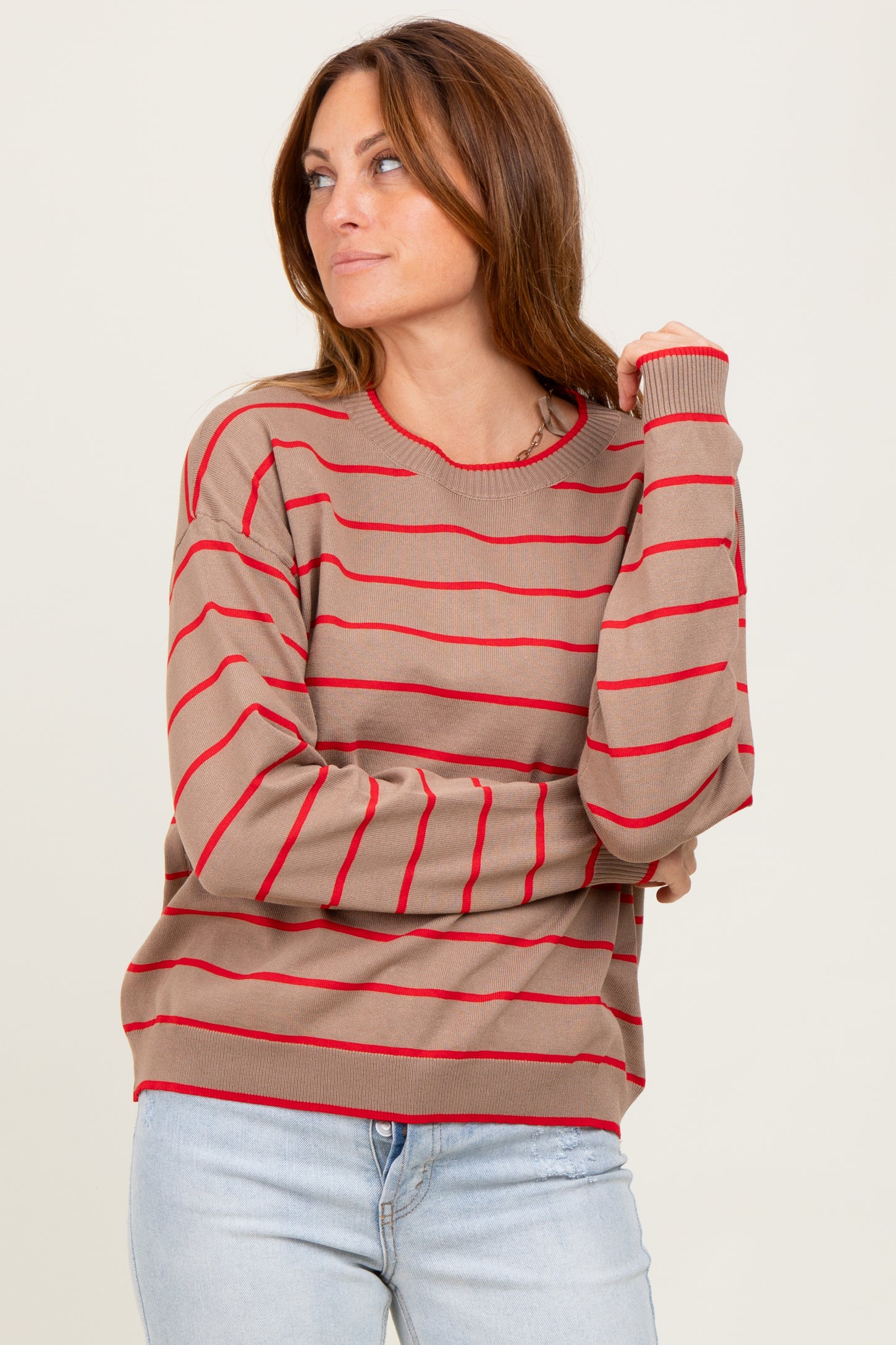 Mocha Striped Drop Shoulder Sweater