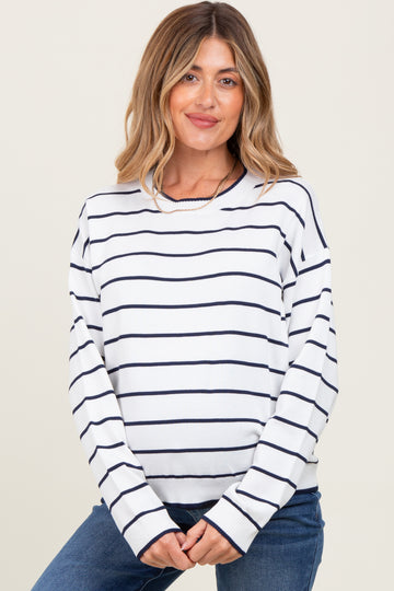 White Striped Drop Shoulder Maternity Sweater