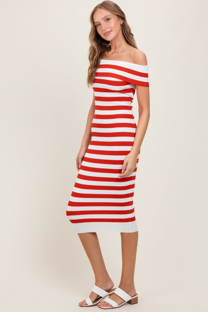woman wearing a red and white striped off-the-shoulder midi dress and white heeled sandals