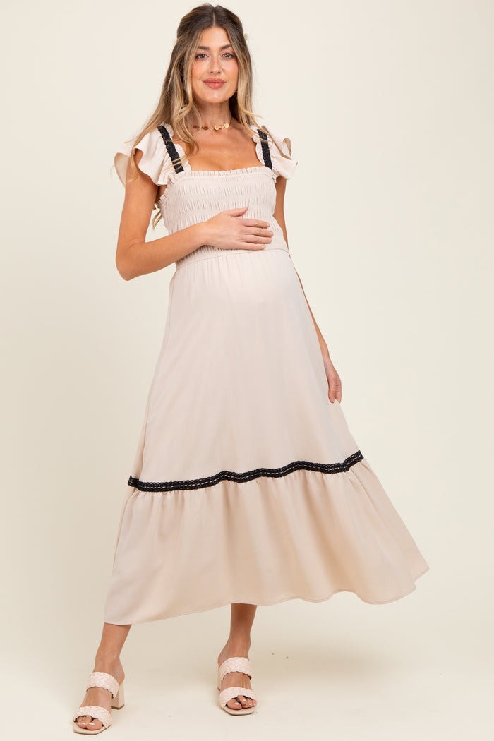Beige  Smocked Lace Detail Maternity Midi Dress
