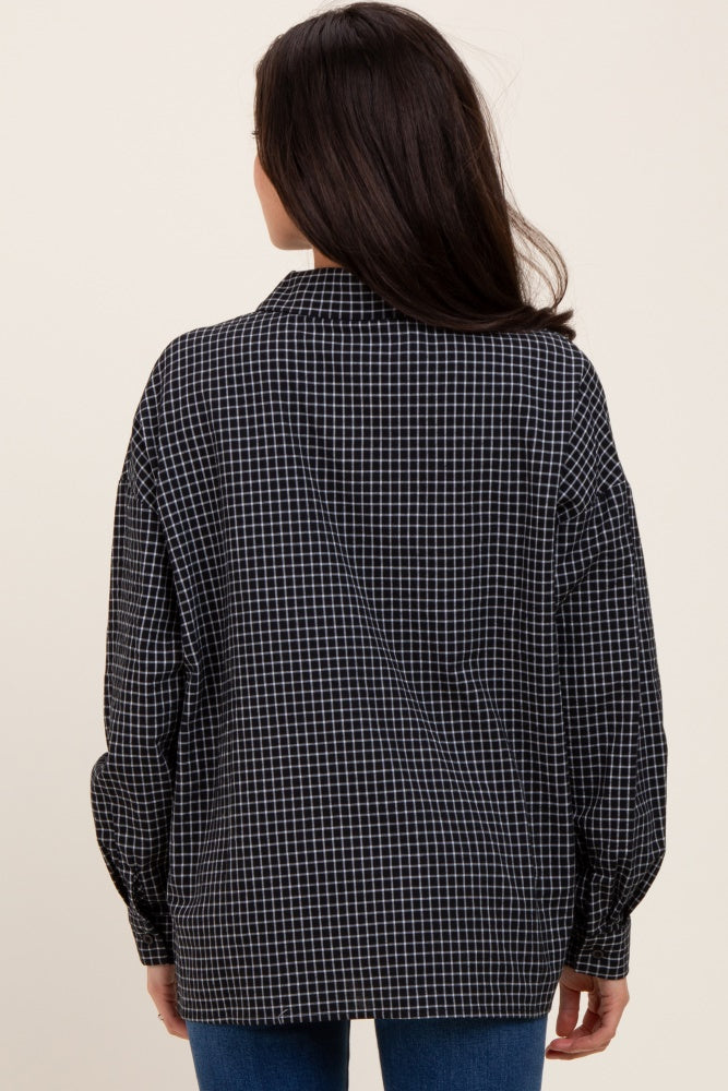 Black Oversized Grid Plaid Maternity Button Down Shirt