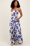Royal Blue Floral Smocked Top With Maxi Skirt Set