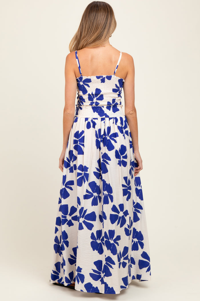 Royal Blue Floral Smocked Top With Maxi Skirt Maternity Set