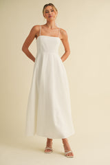 White Linen A-Line Flared Midi Dress