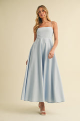 Light Blue Linen A-Line Flared Midi Dress