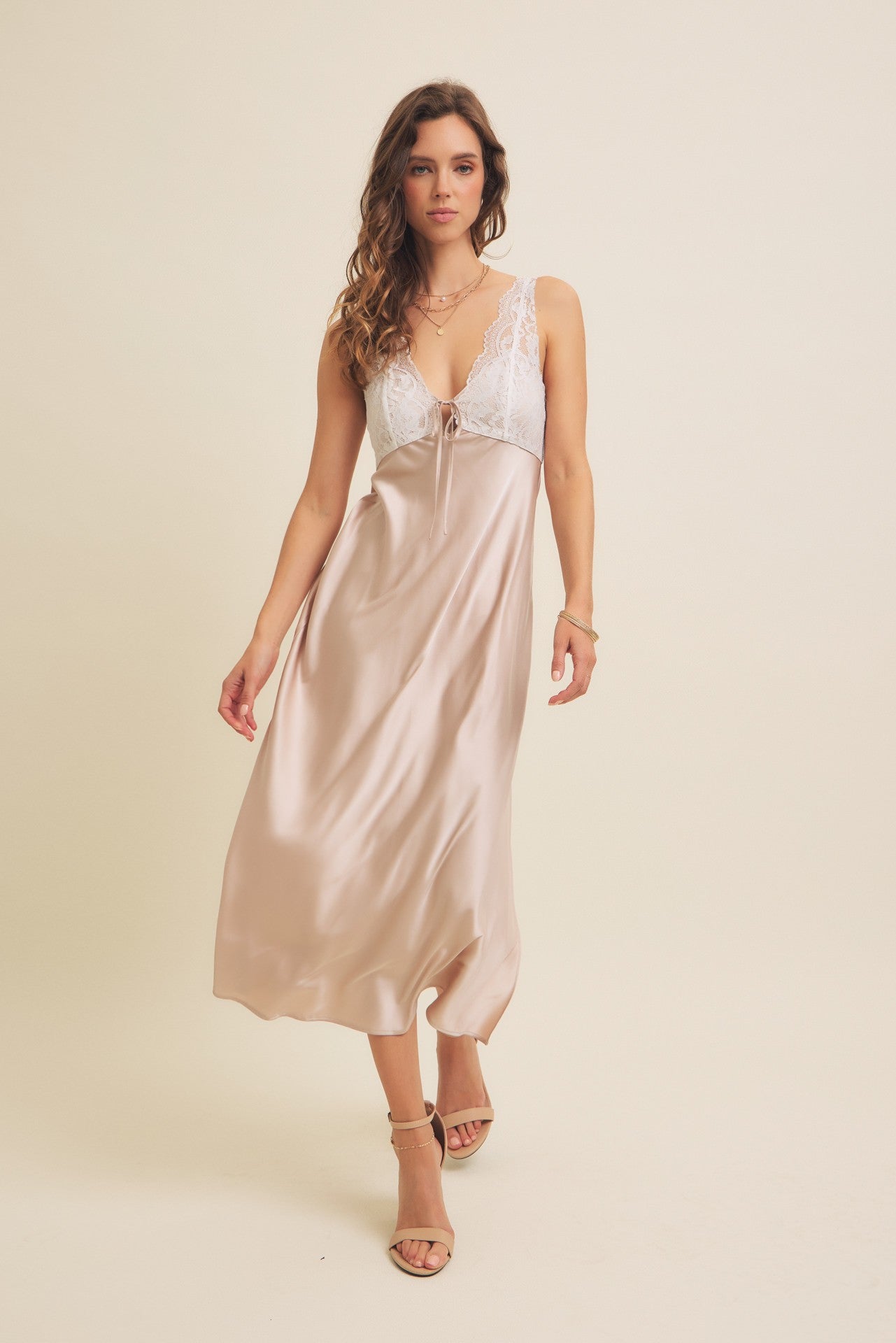 Beige Satin Lace Side Slit Slip Dress