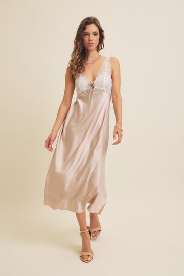 Beige Satin Lace Side Slit Slip Dress