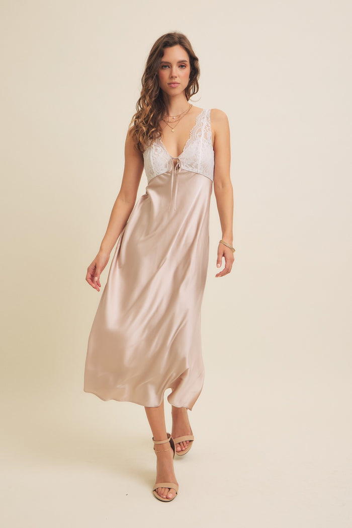 Beige Satin Lace Side Slit Slip Dress
