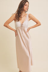 Beige Satin Lace Side Slit Slip Dress