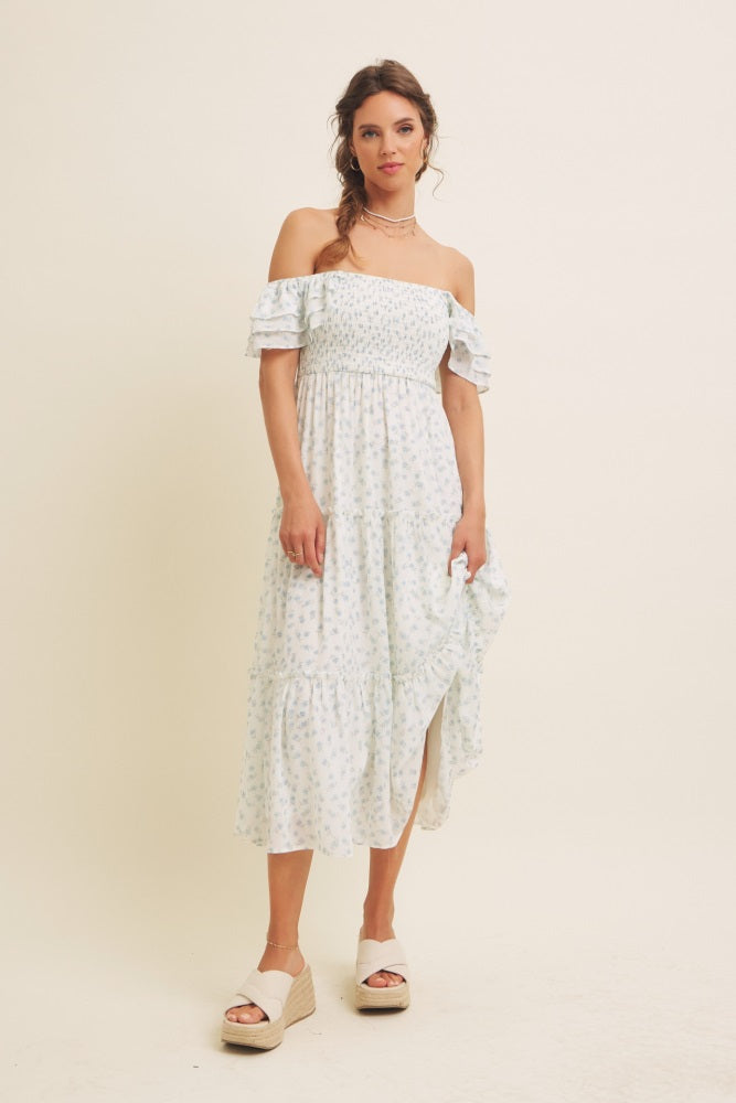 Light Blue Elegant Chiffon Floral Smocked Midi Dress