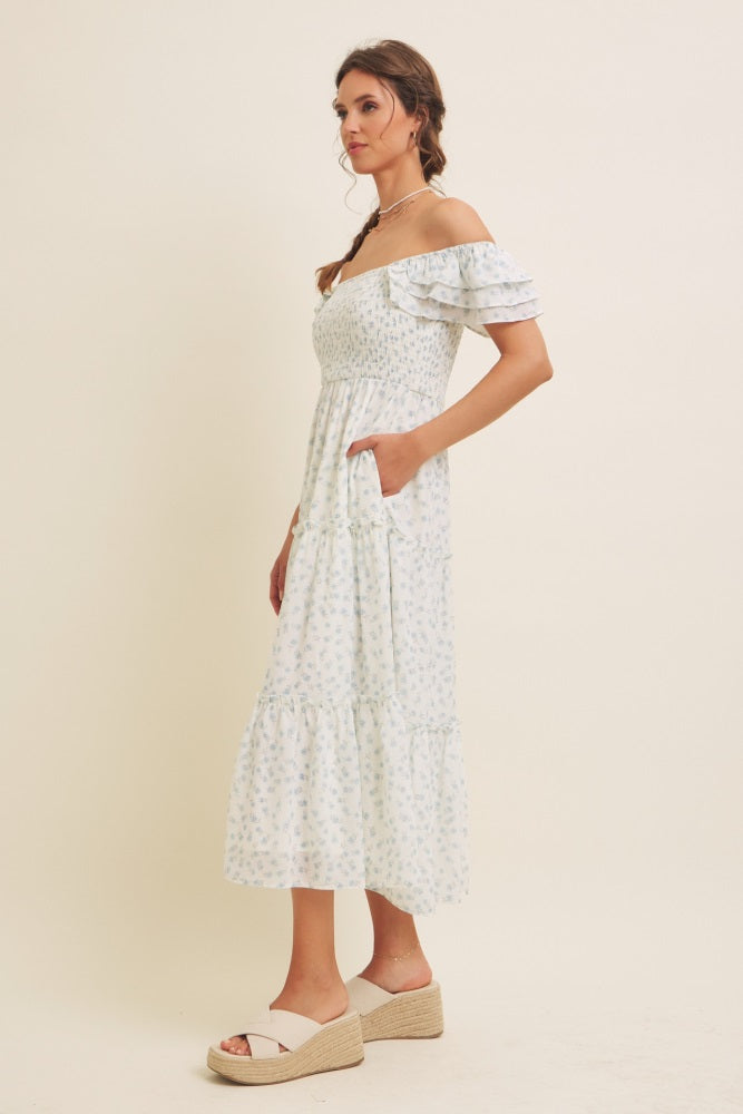 Light Blue Elegant Chiffon Floral Smocked Midi Dress