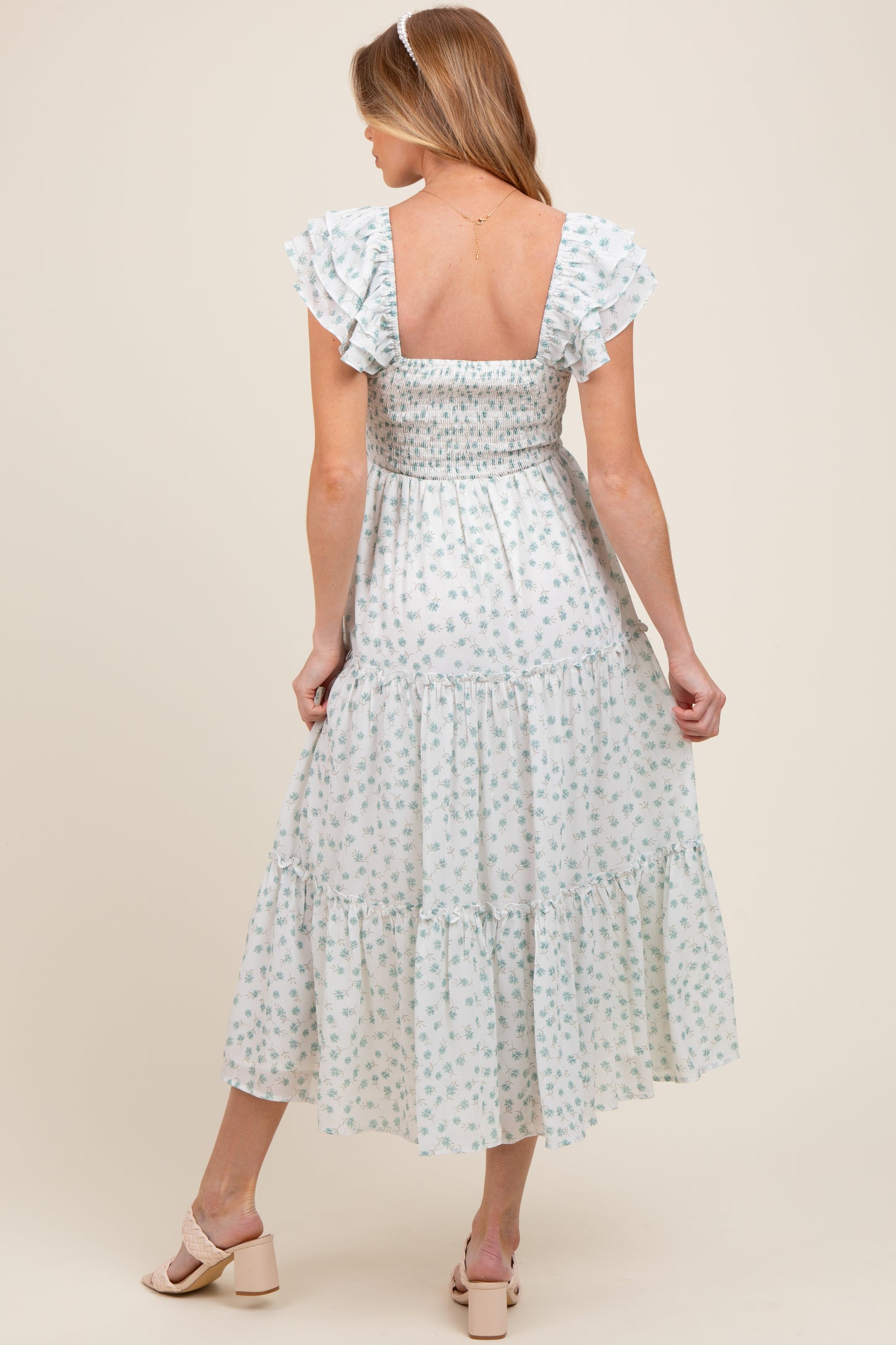 Jade Elegant Chiffon Floral Smocked Maternity Midi Dress