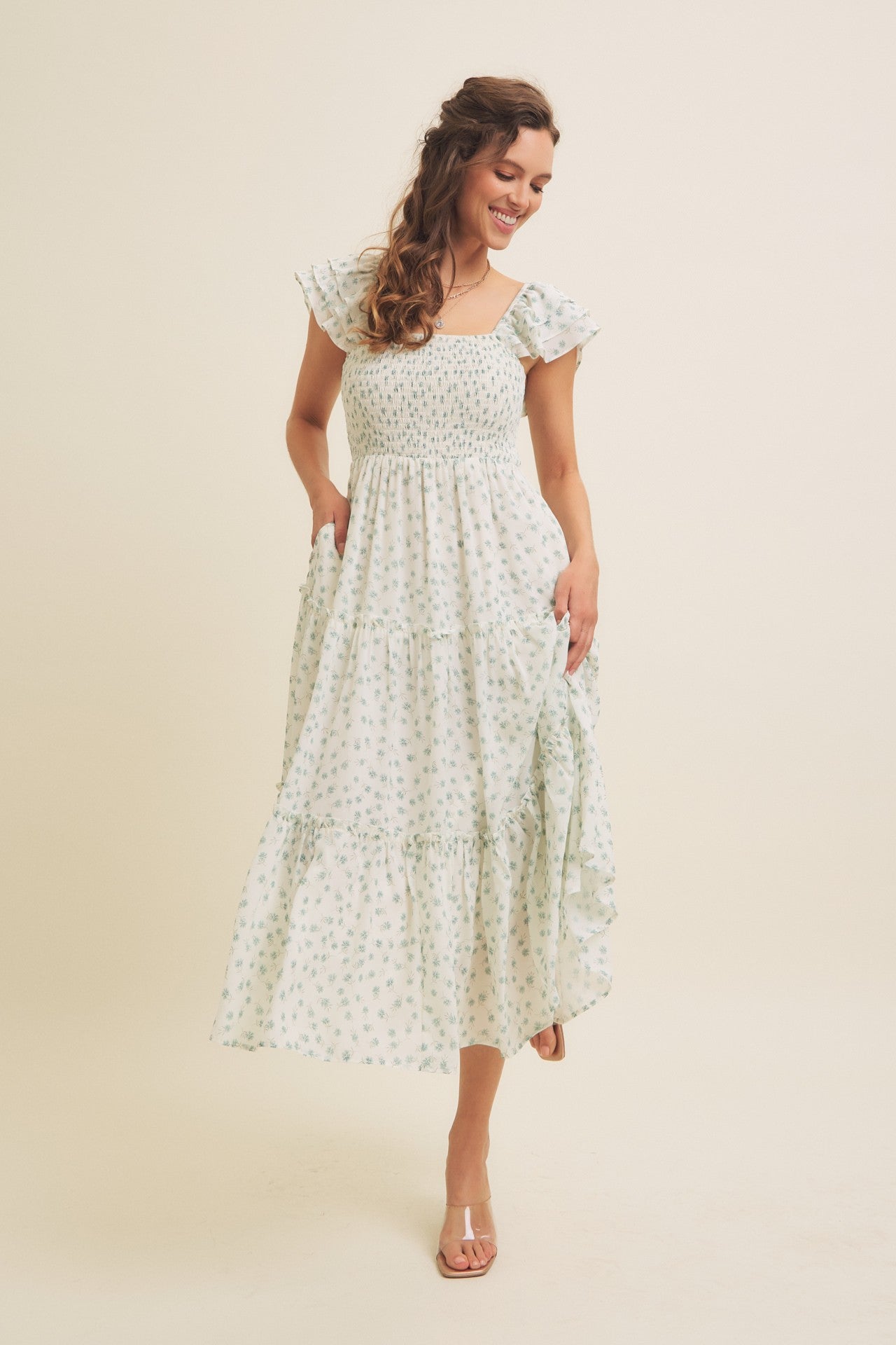 Jade Elegant Chiffon Floral Smocked Midi Dress