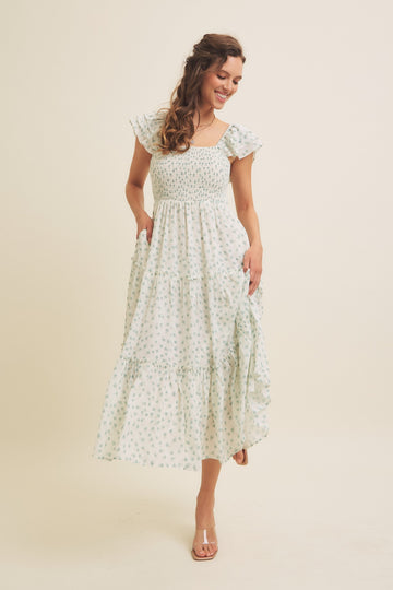 Jade Elegant Chiffon Floral Smocked Midi Dress