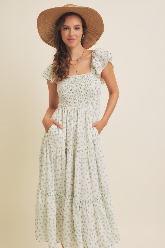 Jade Elegant Chiffon Floral Smocked Midi Dress