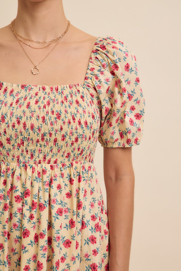 Cream Cotton Poplin Floral Smocked Midi Dress
