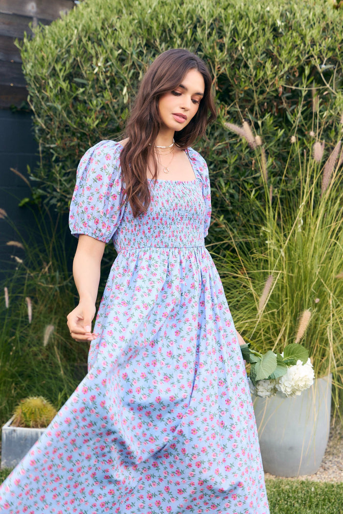 Light Blue Cotton Poplin Floral Smocked Maternity Midi Dress