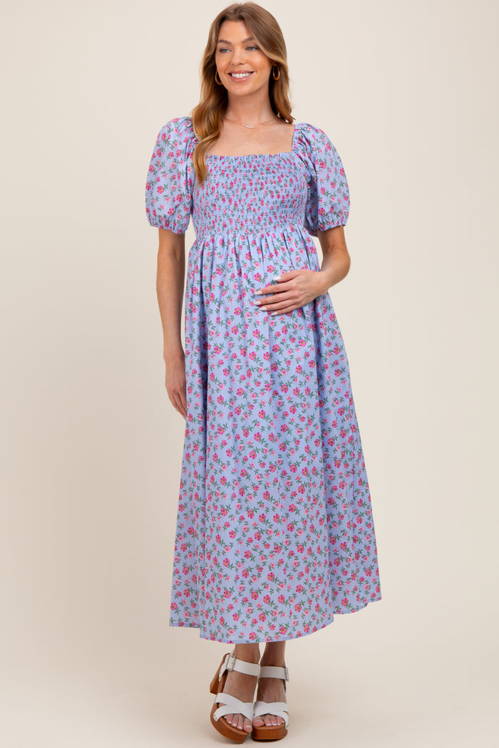 Light Blue Cotton Poplin Floral Smocked Maternity Midi Dress