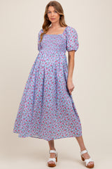 Light Blue Cotton Poplin Floral Smocked Maternity Midi Dress
