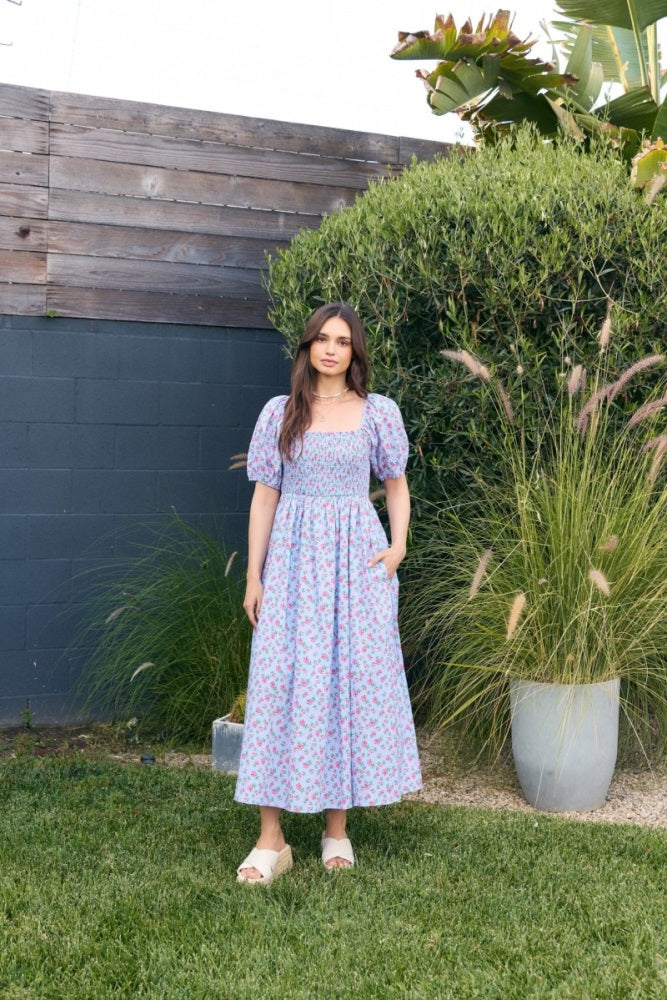 Light Blue Cotton Poplin Floral Smocked Midi Dress