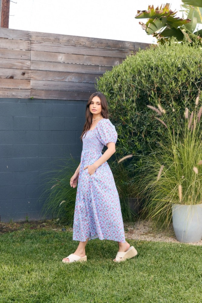 Light Blue Cotton Poplin Floral Smocked Midi Dress