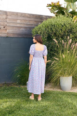 Light Blue Cotton Poplin Floral Smocked Midi Dress