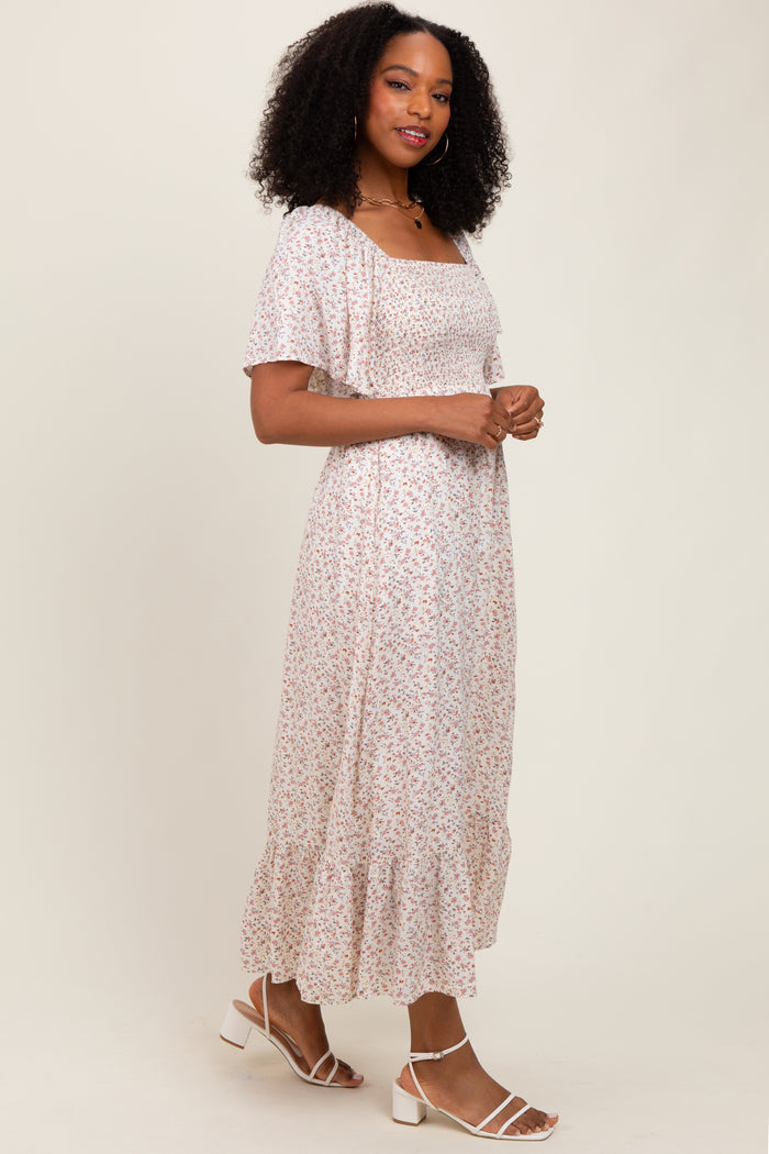 Cream Multi Ditsy Floral Smocked Midi Dress