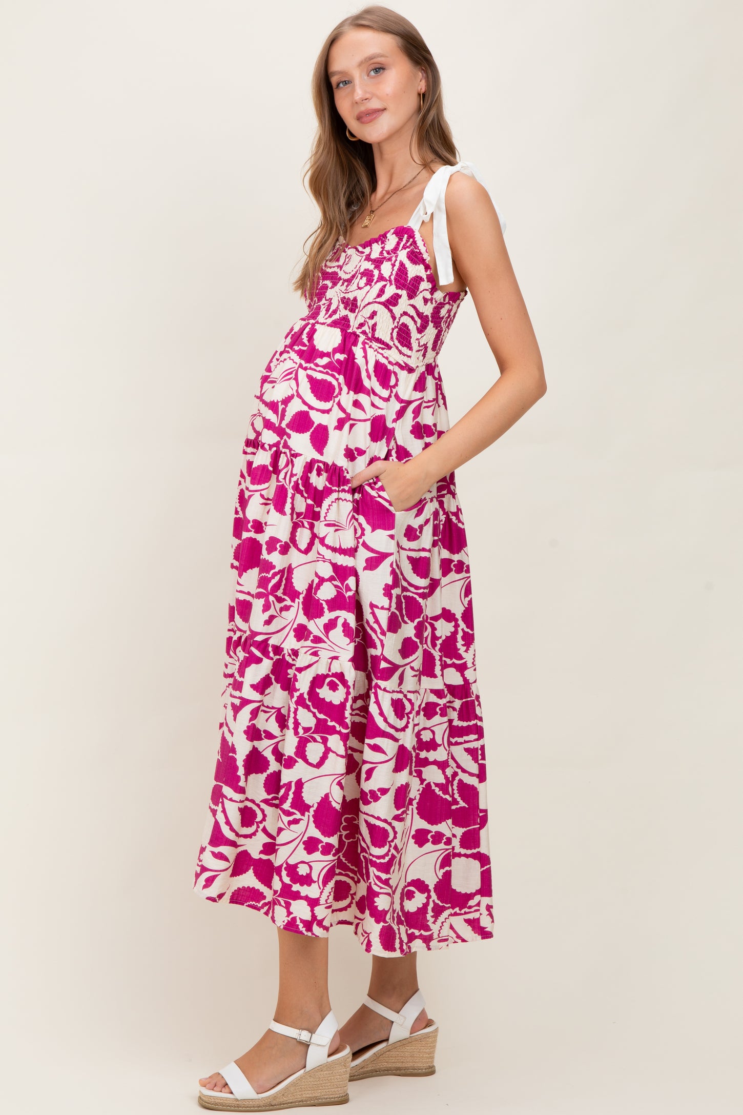 Fuchsia Bloom Floral Print Smocked Maternity Maxi Dress