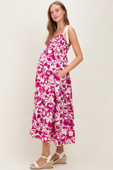Fuchsia Bloom Floral Print Smocked Maternity Maxi Dress