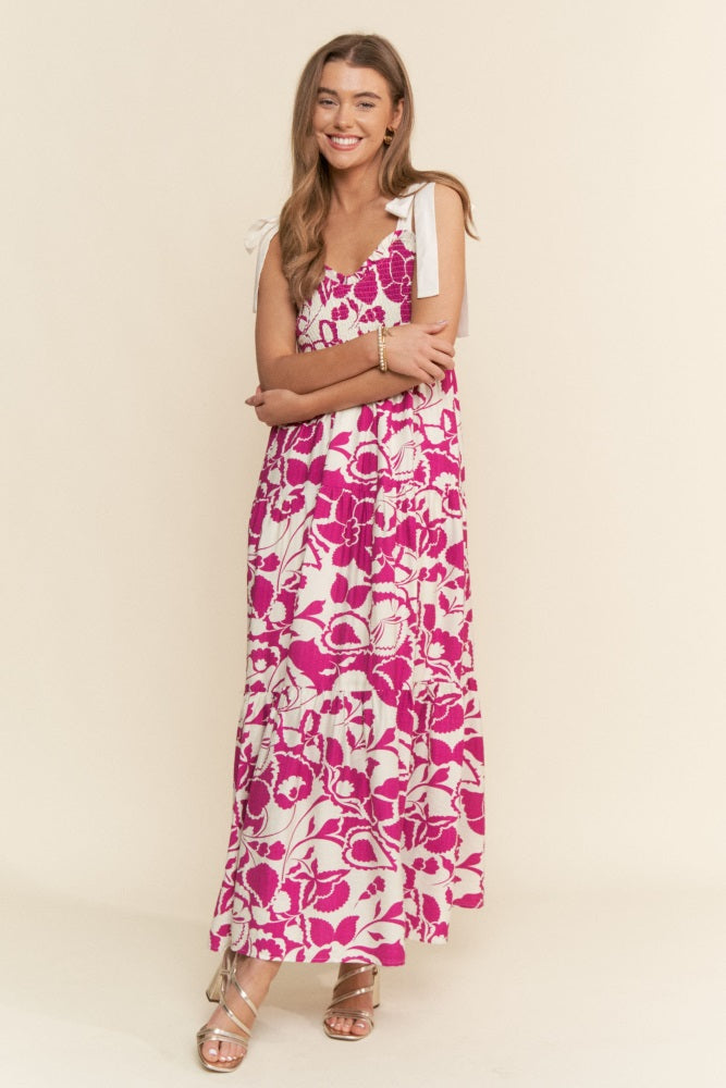 Fuchsia Bloom Floral Print Smocked Maxi Dress