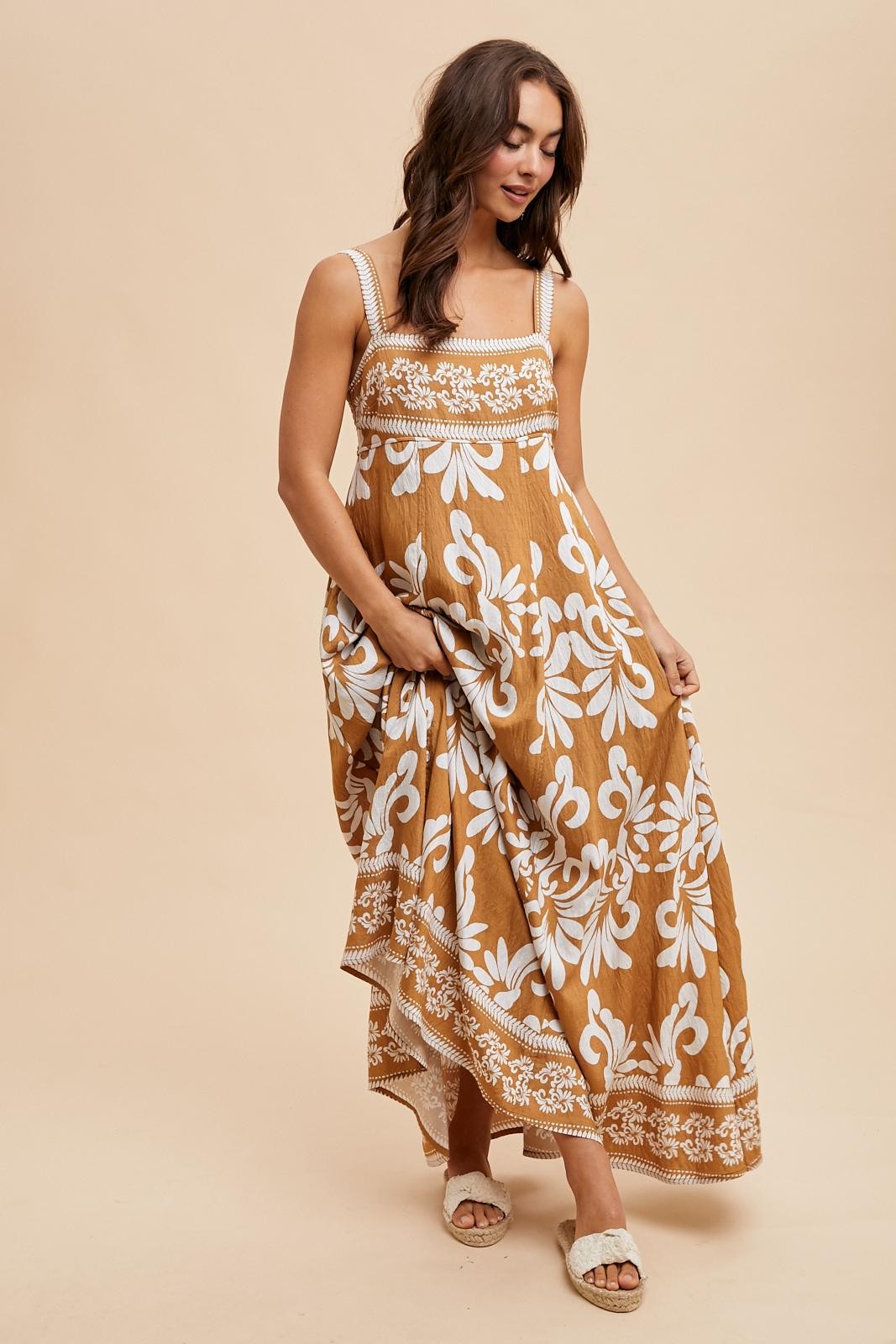 Camel Resort Border Print Maxi Dress