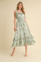 Mint Floral Chiffon Pleated Ruffle Midi Dress
