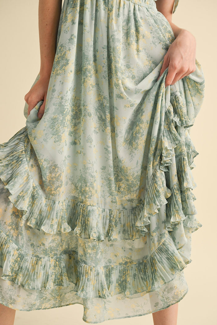Mint Floral Chiffon Pleated Ruffle Midi Dress