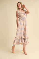 Light Pink Floral Chiffon Pleated Ruffle Midi Dress