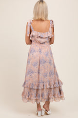 Light Pink Floral Chiffon Pleated Ruffle Maternity Midi Dress
