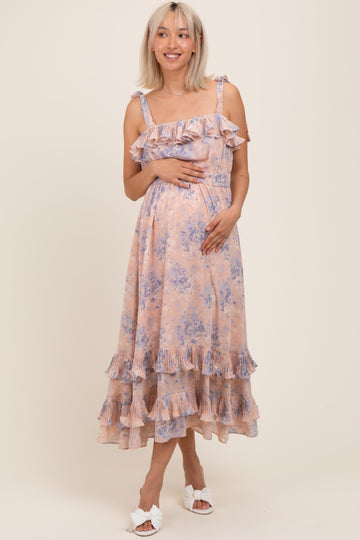 Light Pink Floral Chiffon Pleated Ruffle Maternity Midi Dress