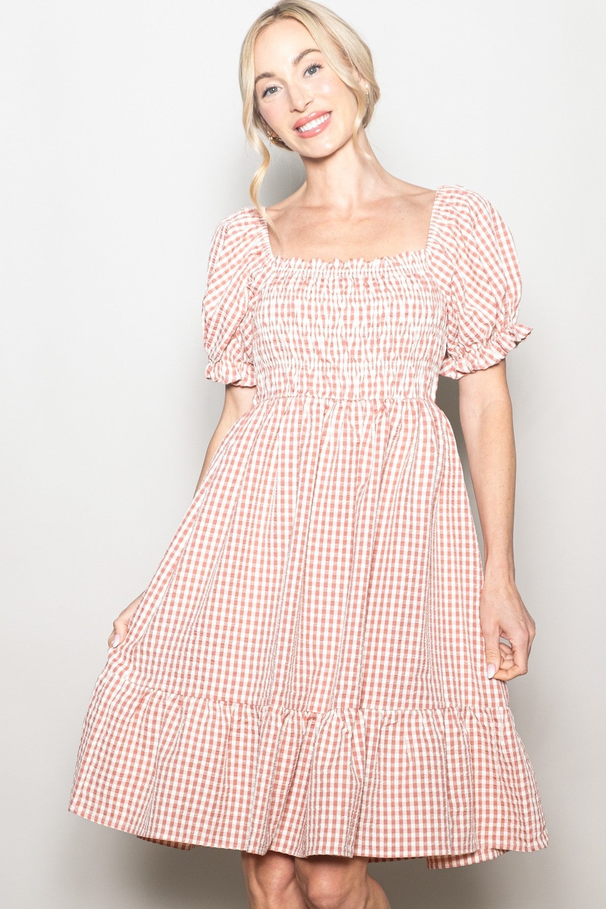 Rust Gingham Smocked Puff Sleeve Maternity Dress