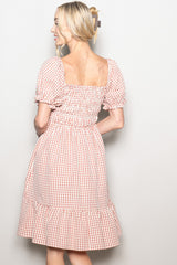 Rust Gingham Smocked Puff Sleeve Dress