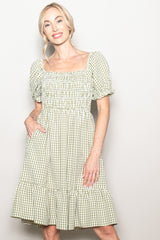 Light Olive Gingham Smocked Puff Sleeve Dress