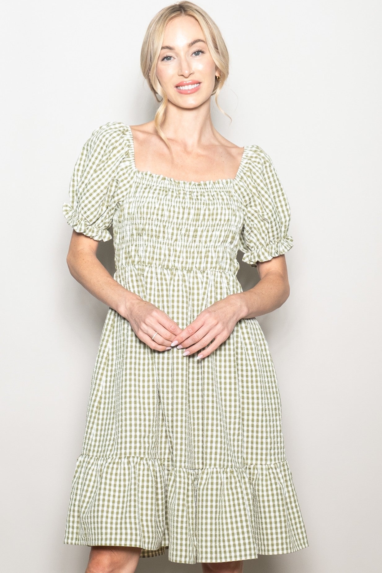 Light Olive Gingham Smocked Puff Sleeve Dress
