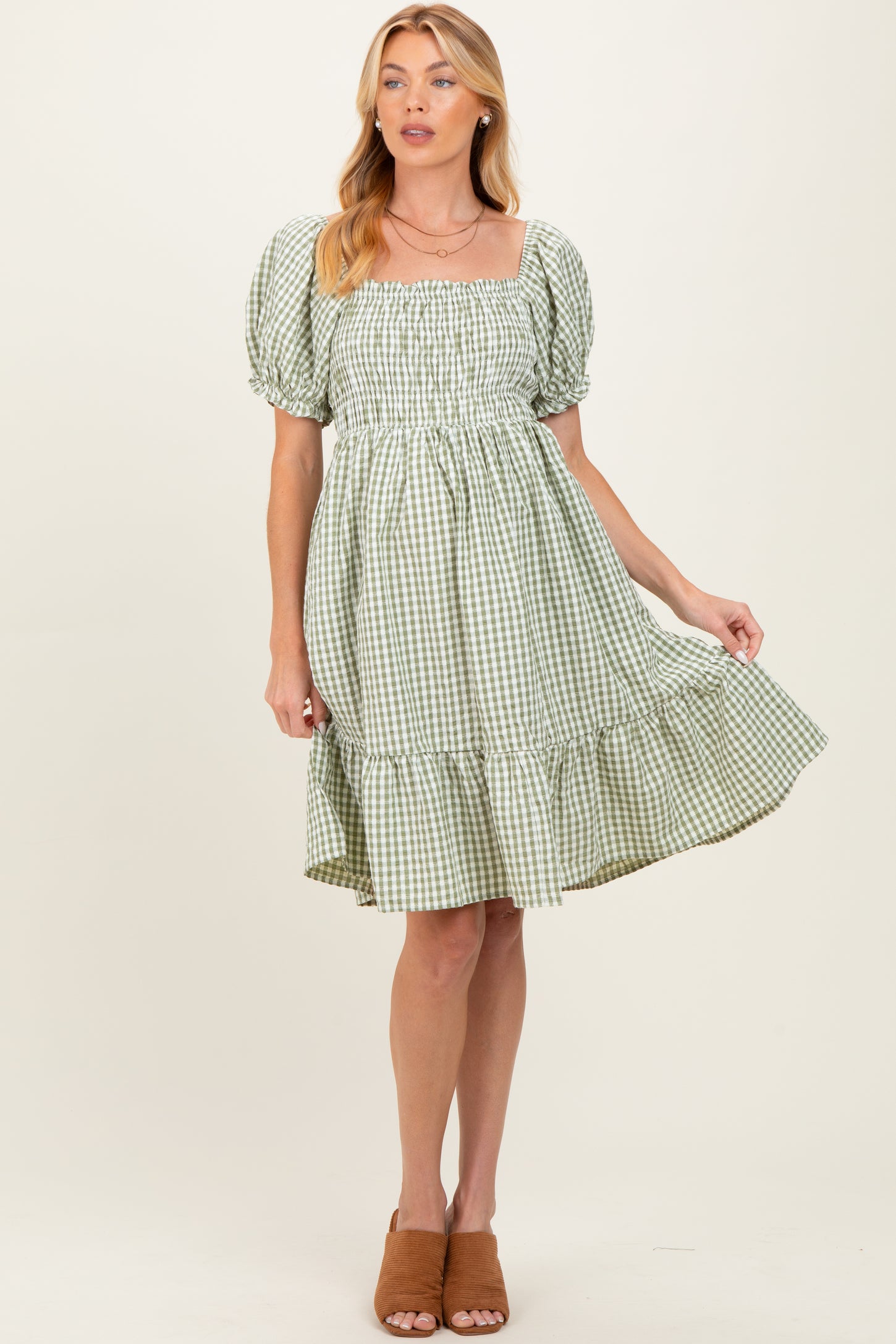 Light Olive Gingham Smocked Puff Sleeve Maternity Dress