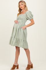Light Olive Gingham Smocked Puff Sleeve Maternity Dress