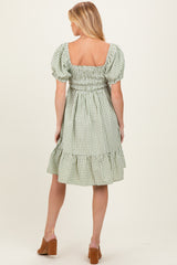 Light Olive Gingham Smocked Puff Sleeve Maternity Dress