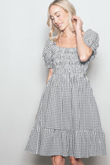 Black Gingham Smocked Puff Sleeve Maternity Dress
