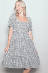 Black Gingham Smocked Puff Sleeve Dress