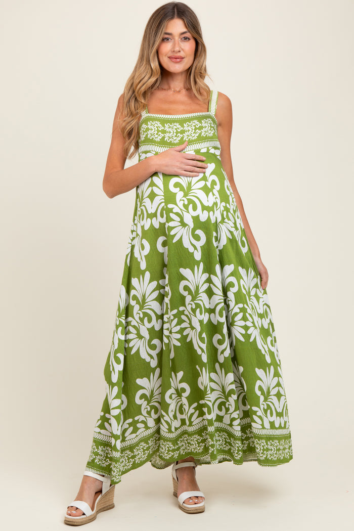 Green Resort Border Print Maternity Maxi Dress
