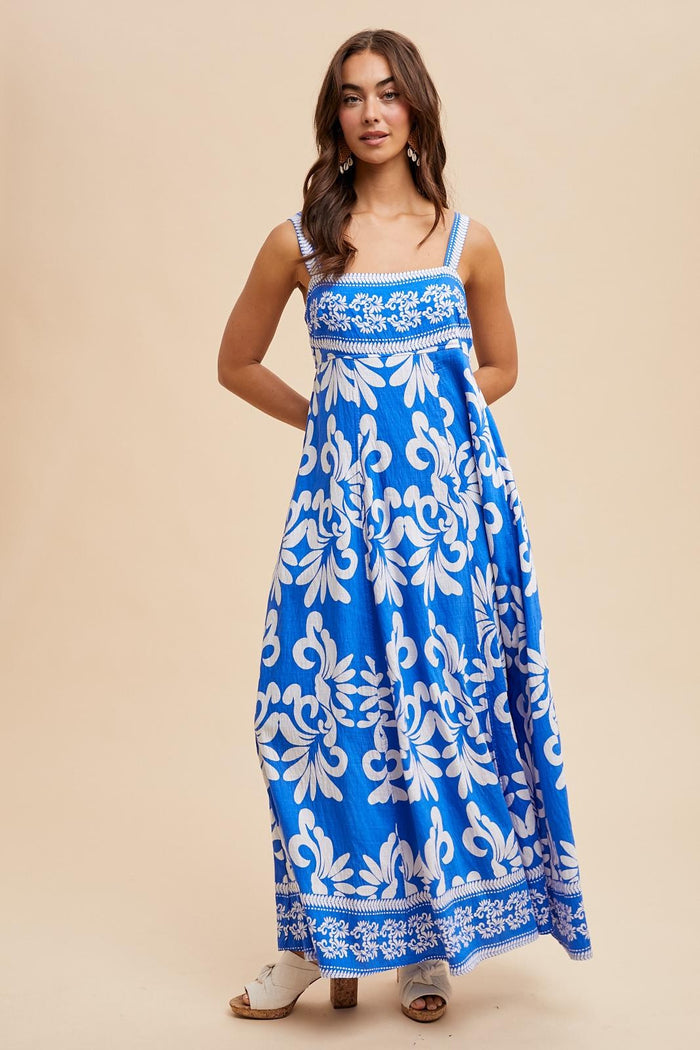 Blue Resort Border Print Maxi Dress