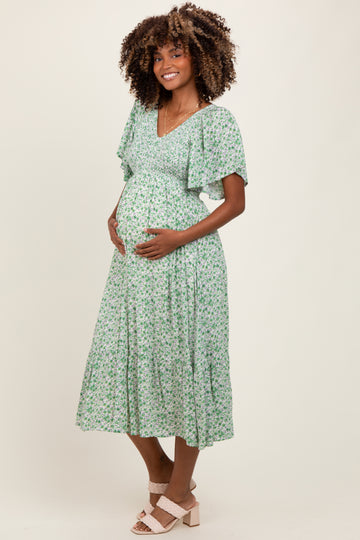 Green Floral Smocked Flutter Sleeve Maternity Midi Dress